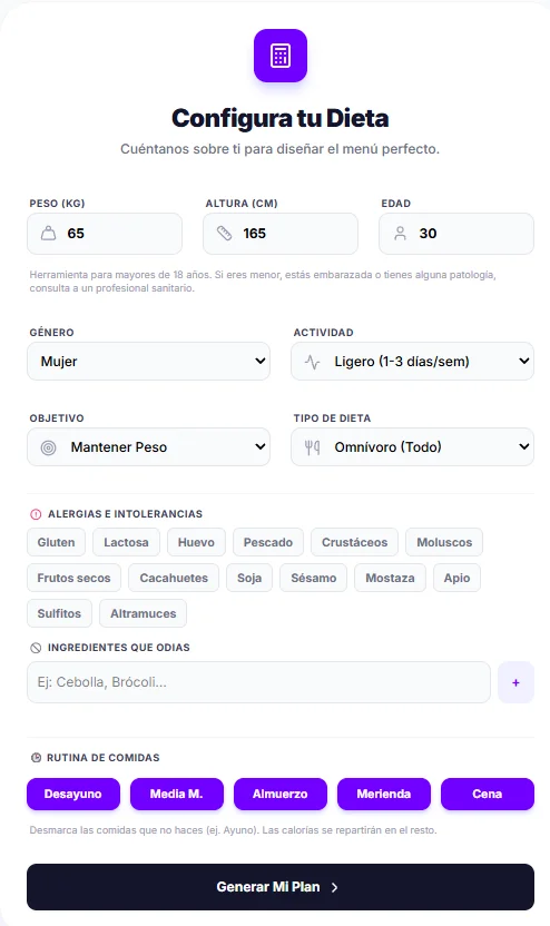 Formulario de Cibaris con peso, altura, edad, actividad, objetivo y alergias