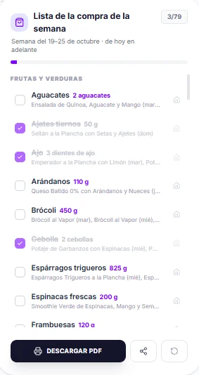 Lista de la compra semanal con cantidades en gramos y piezas, agrupada por secciones