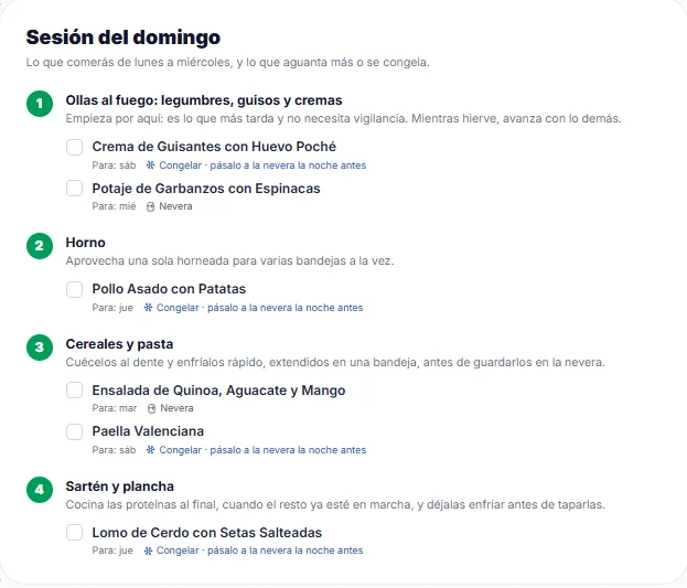 Plan de batch cooking con la sesión del domingo y los platos para nevera y congelador